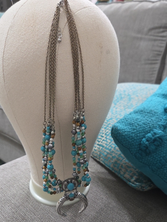 Jewelry - Turquoise Beaded Multi-Strand Necklace with Silver Crescent Pendant